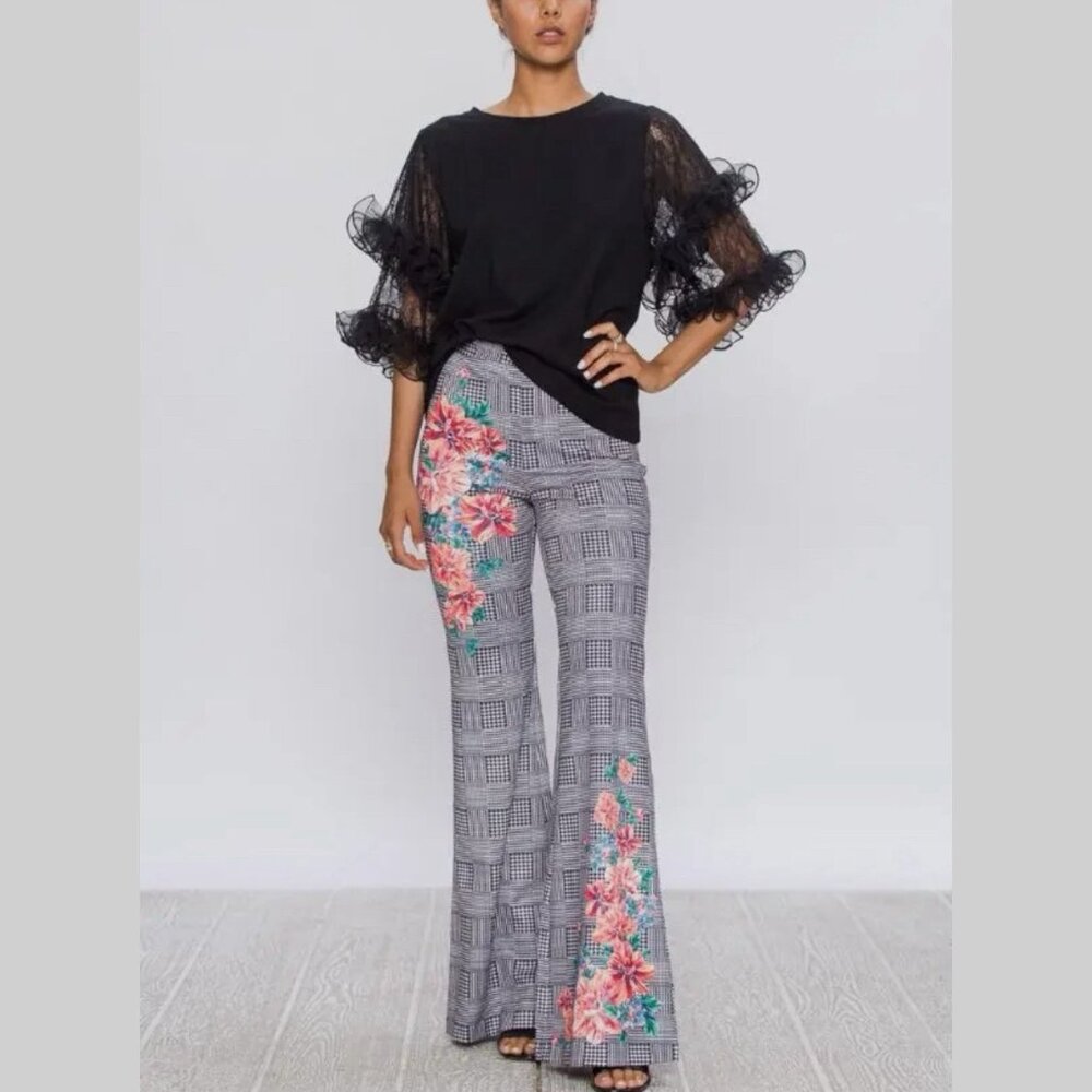 Flared Dress Pants SZ S M L Houndstooth Print Detail Floral Stretch High Waist